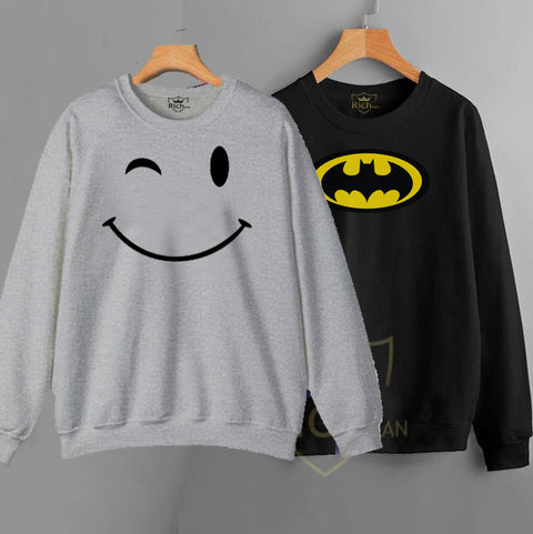 RichMan_Winter Pack of 2 premium printed Full Sleeve sweatshirt batman and happy Face For Men and Women's
