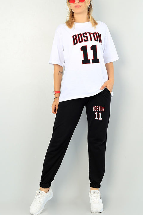Boston 11 Women Tracksuit Set – White Tee & Black Trouser – Summer Casual Wear