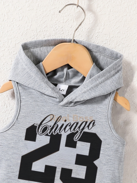 Boys' Summer Hooded Fashion Simple Popular Chicago 23 Print Shorts Set, for Outdoor, Sleeveless, Casual Summer Outfit, Lightweight Polyester Blend, Easy Care