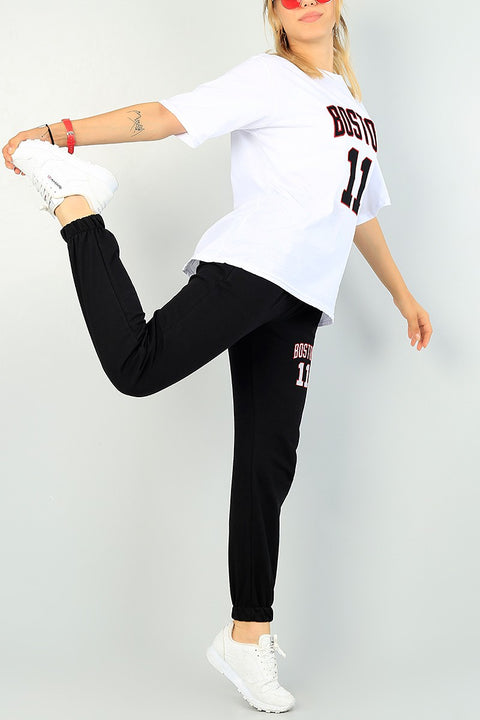 Boston 11 Women Tracksuit Set – White Tee & Black Trouser – Summer Casual Wear