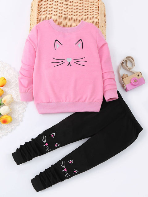 Cute Kitty Meow Printed Girl's Cartoon Cat Graphic Crew Neck Sweatshirt Pullover Tops and Sweatpants Two Piece Outfit Cute Kitty Meow Printed Girl's Cartoon Cat Graphic Crew Neck Sweatshirt Pullover Tops and Sweatpants Two Piece Outfit