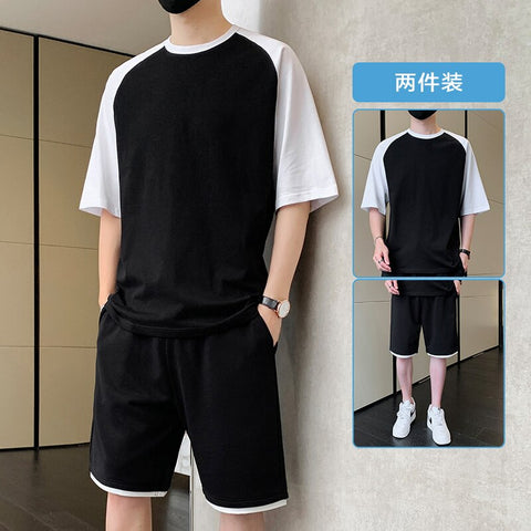 Rich Man Korean Fashion 2 Piece Set Men Summer Clothes Patchwork Tracksuits Men Sports Wear Streetwear Outfits Men Clothing Pure Cotton