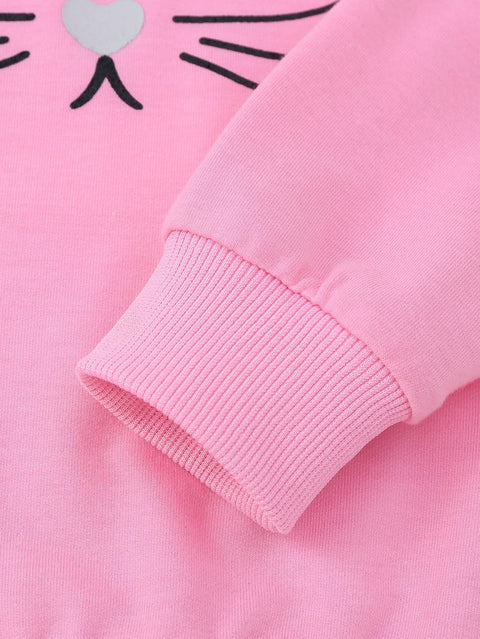 Cute Kitty Meow Printed Girl's Cartoon Cat Graphic Crew Neck Sweatshirt Pullover Tops and Sweatpants Two Piece Outfit Cute Kitty Meow Printed Girl's Cartoon Cat Graphic Crew Neck Sweatshirt Pullover Tops and Sweatpants Two Piece Outfit