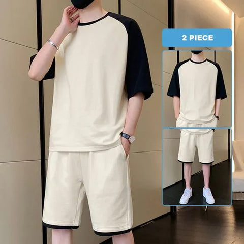 Rich Man Korean Fashion 2 Piece Set Men Summer Clothes Patchwork Tracksuits Men Sports Wear Streetwear Outfits Men Clothing Pure Cotton