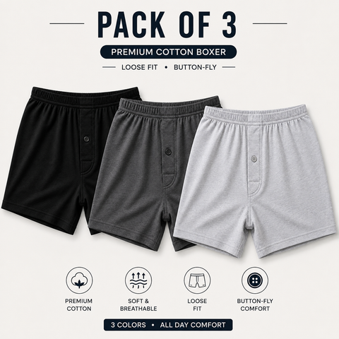 RichMan Men Cotton Boxer Shorts Pack of 3 – Soft Breathable Loose Fit Underwear