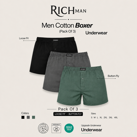 RichMan Men Cotton Boxer Shorts Pack of 3 – Soft Breathable Loose Fit Underwear