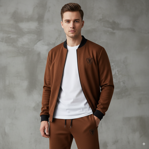Men’s Brown Zipper Jacket with White Shirt – Casual Smart Look