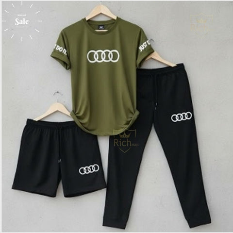 Men’s Pack of 3 Sports Set – T-Shirt, Shorts & Track Pants Gym Wear Combo