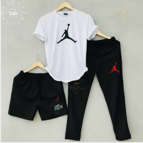 Men’s Pack of 3 Sports Set – T-Shirt, Shorts & Trouser Gym Wear Combo