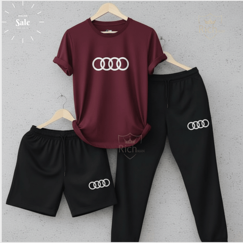 Men’s Pack of 3 Sports Set – T-Shirt, Shorts & Track Pants Gym Wear Combo