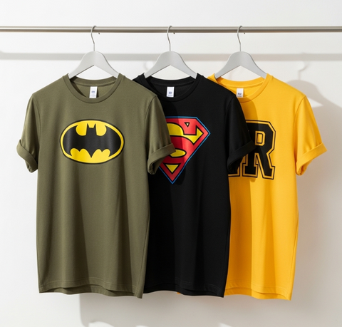 Pack of 2 Men’s Graphic Printed T-Shirts – Soft Cotton Summer Casual Round Neck Half Sleeves (Batman / Superman / R Print)