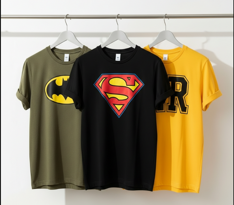 Pack of 2 Men’s Graphic Printed T-Shirts – Soft Cotton Summer Casual Round Neck Half Sleeves (Batman / Superman / R Print)