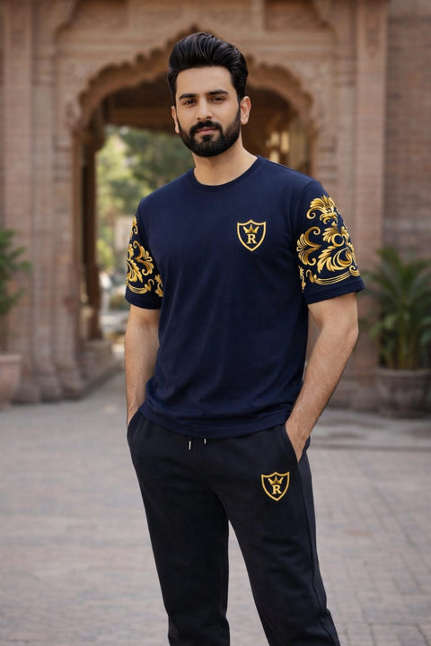Men’s Black Royal Print T-Shirt & Trouser Set – Premium Summer Tracksuit