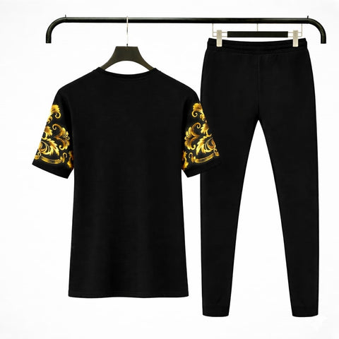 Men’s Black Royal Print T-Shirt & Trouser Set – Premium Summer Tracksuit