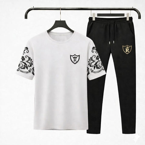 Men’s Black Royal Print T-Shirt & Trouser Set – Premium Summer Tracksuit