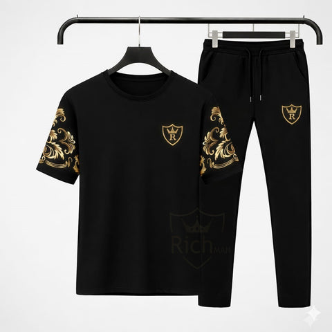 Men’s Black Royal Print T-Shirt & Trouser Set – Premium Summer Tracksuit