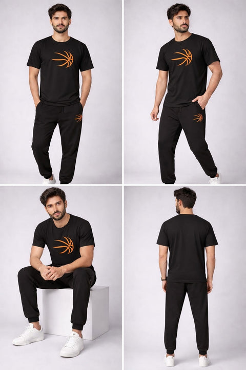 Men’s Premium Basketball Graphic T-Shirt & Jogger Tracksuit Set – Navy Blue & Black