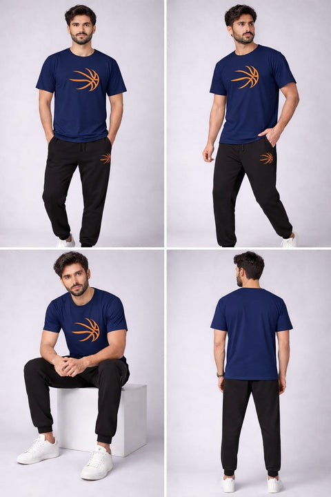 Men’s Premium Basketball Graphic T-Shirt & Jogger Tracksuit Set – Navy Blue & Black