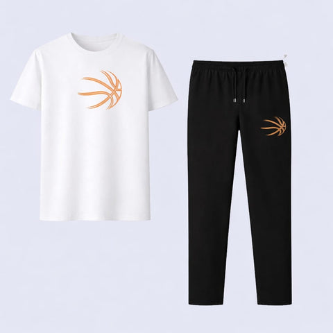 Men’s Premium Basketball Graphic T-Shirt & Jogger Tracksuit Set – Navy Blue & Black