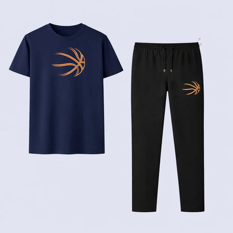 Men’s Premium Basketball Graphic T-Shirt & Jogger Tracksuit Set – Navy Blue & Black