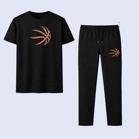 Men’s Premium Basketball Graphic T-Shirt & Jogger Tracksuit Set – Navy Blue & Black