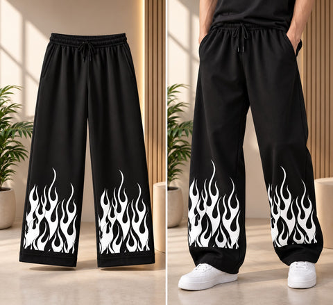 Men’s Flame Print Wide Leg Baggy Trouser – 3 Colors | White, Black & Grey