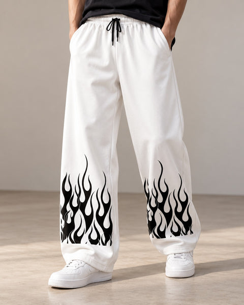 Men’s Flame Print Wide Leg Baggy Trouser – 3 Colors | White, Black & Grey