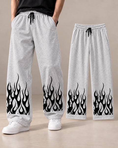 Men’s Flame Print Wide Leg Baggy Trouser – 3 Colors | White, Black & Grey