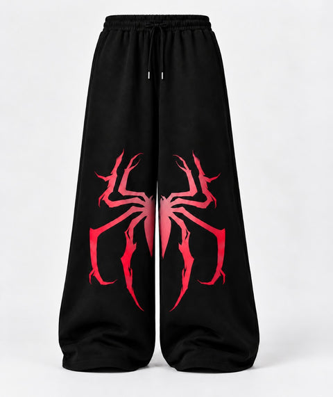 Men’s Spider Print Wide Leg Baggy Trouser – Black | Streetwear Collection