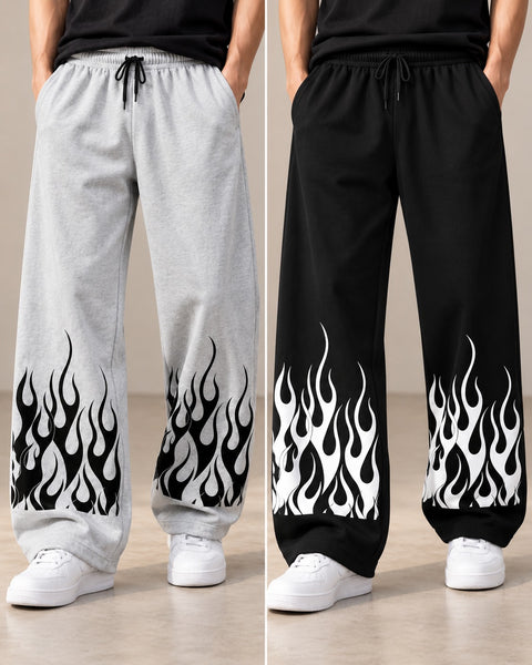 Men’s Flame Print Wide Leg Baggy Trouser – 3 Colors | White, Black & Grey