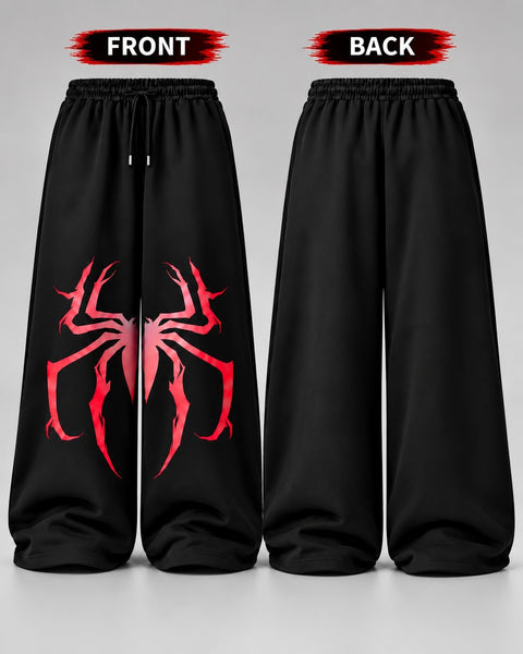 Men’s Spider Print Wide Leg Baggy Trouser – Black | Streetwear Collection