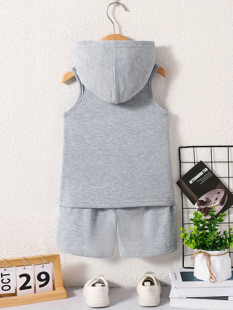 Boys' Summer Hooded Fashion Simple Popular Chicago 23 Print Shorts Set, for Outdoor, Sleeveless, Casual Summer Outfit, Lightweight Polyester Blend, Easy Care