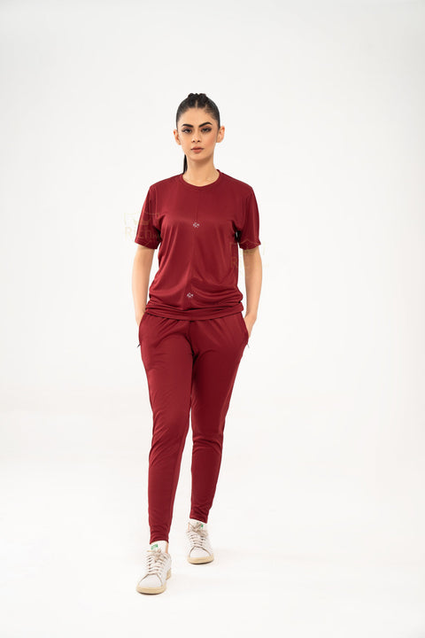 Women Plain Maroon Tracksuit Set – Soft Summer T-Shirt & Slim Fit Trouser Co-Ord Outfit