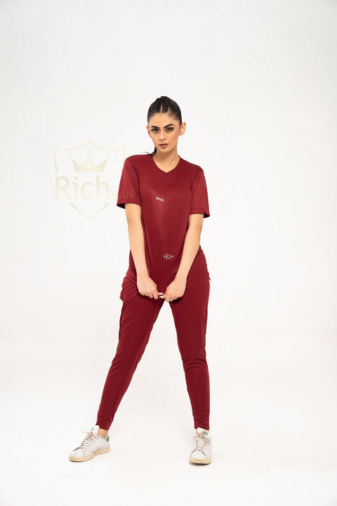 Women Plain Maroon Tracksuit Set – Soft Summer T-Shirt & Slim Fit Trouser Co-Ord Outfit
