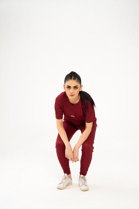 Women Plain Maroon Tracksuit Set – Soft Summer T-Shirt & Slim Fit Trouser Co-Ord Outfit