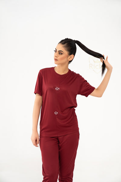 Women Plain Maroon Tracksuit Set – Soft Summer T-Shirt & Slim Fit Trouser Co-Ord Outfit
