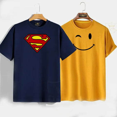 Rich Man-  Pack of Two Summer Half Sleeves T- Shirts Blue and Yellow For men and Women