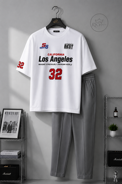 Los Angeles 32 Oversized Drop Shoulder T-Shirt with Loose Fit Trouser Set