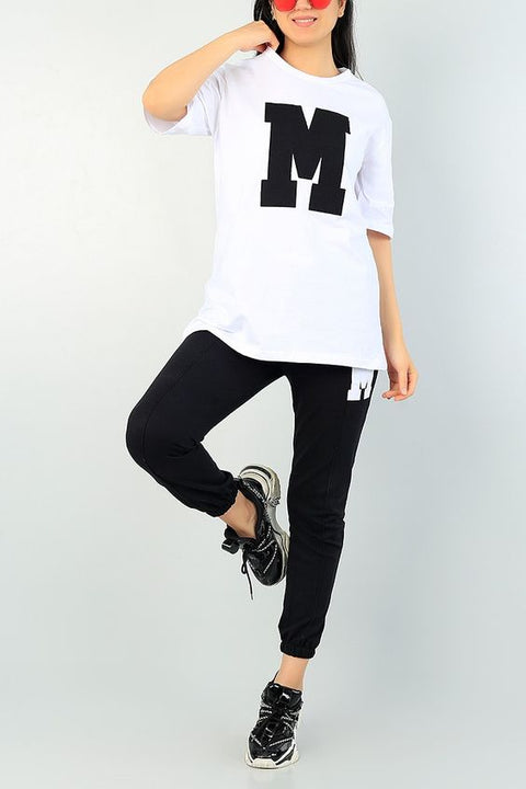 Women M Print Oversized T-Shirt & Black Jogger Set – Casual Summer Tracksuit for Girls