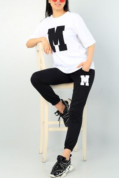 Women M Print Oversized T-Shirt & Black Jogger Set – Casual Summer Tracksuit for Girls