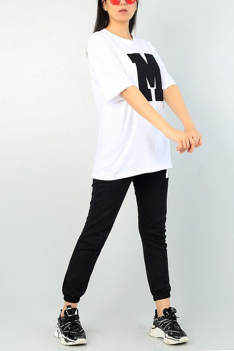 Women M Print Oversized T-Shirt & Black Jogger Set – Casual Summer Tracksuit for Girls
