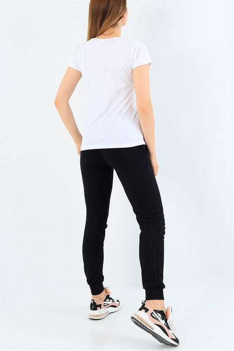 Women M Print Oversized T-Shirt & Black Jogger Set – Casual Summer Tracksuit for Girls