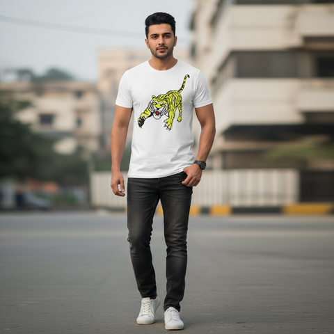 Men White Cotton CORNERD TIGER T-Shirt  – Graphic Round Neck Casual TSHIRT