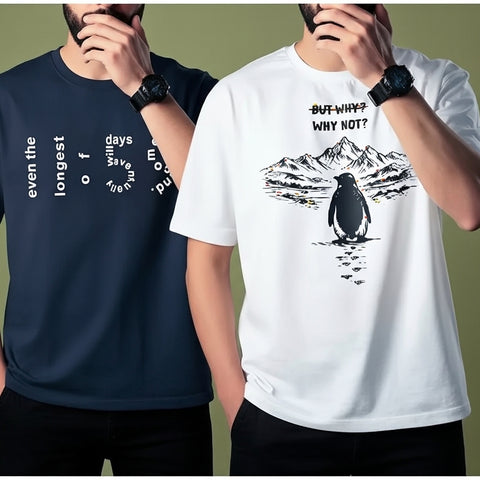 ack of 2 Men’s Summer Graphic T-Shirts – Penguin Print & Typography Design – Soft Cotton Casual Tee White & Navy Blue